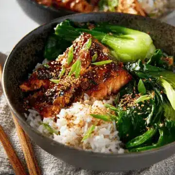 Teriyaki Salmon Bowls with Ginger Sesame Greens & Coconut Rice