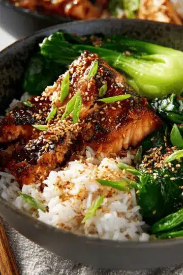 Teriyaki Salmon Bowls with Ginger Sesame Greens & Coconut Rice
