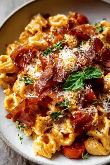 Creamy Roasted Tomato Ricotta Pasta with Crispy Prosciutto