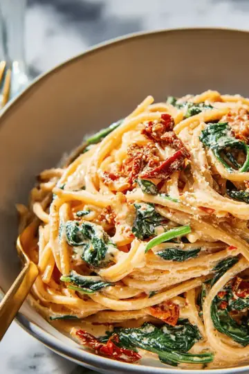 Spaghetti & Spinach with Sun-Dried Tomato Cream Sauce