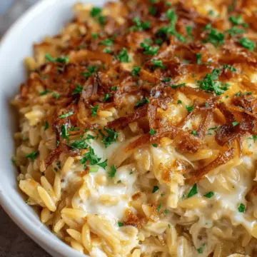 French Onion Chicken Orzo Casserole