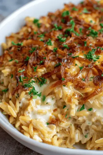 French Onion Chicken Orzo Casserole