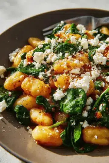 Crispy Gnocchi With Spinach and Feta