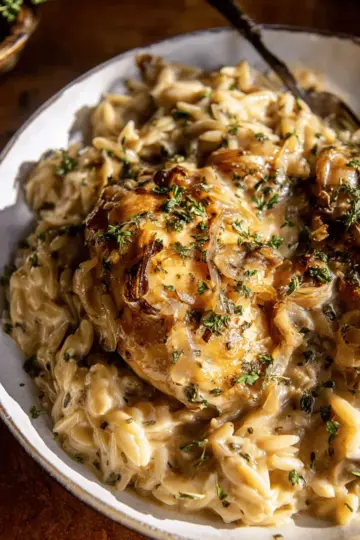 Crockpot Creamy French Onion Chicken and Orzo