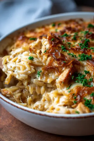 French Onion Chicken Orzo Casserole