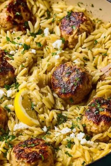 One-Pan Greek Chicken Meatballs and Lemon Orzo