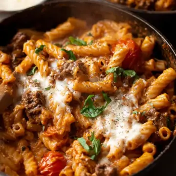 One pot creamy tomato beef pasta