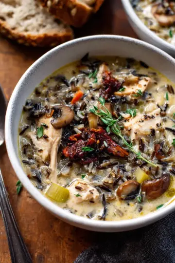 Creamy Wild Rice Chicken Soup with Roasted Mushrooms