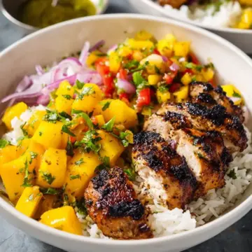 Jerk Chicken Bowls with Mango Salsa and Coconut Rice