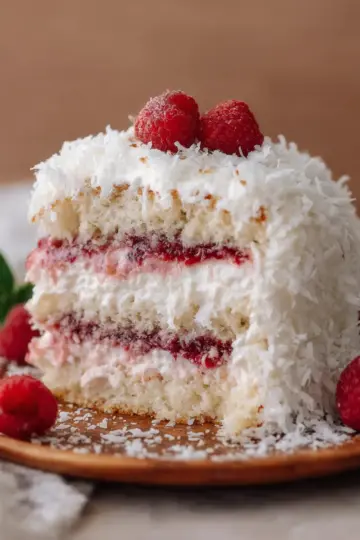 Raspberry Surprise Coconut Snowball Cake
