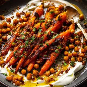 Spicy maple roast carrots with crispy chickpeas and yogurt sauce