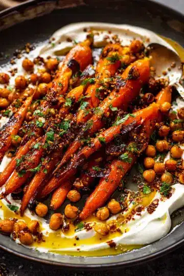 Spicy maple roast carrots with crispy chickpeas and yogurt sauce