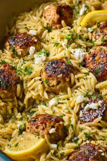 One-Pan Greek Chicken Meatballs and Lemon Orzo