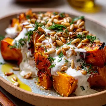 Roasted Pumpkin with Yogurt Sauce and Pine Nuts